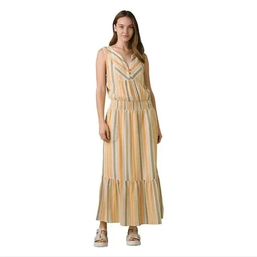 PRANA California Dreaming Sleeveless Boho Tiered Yellow Maxi Dress Size Small S